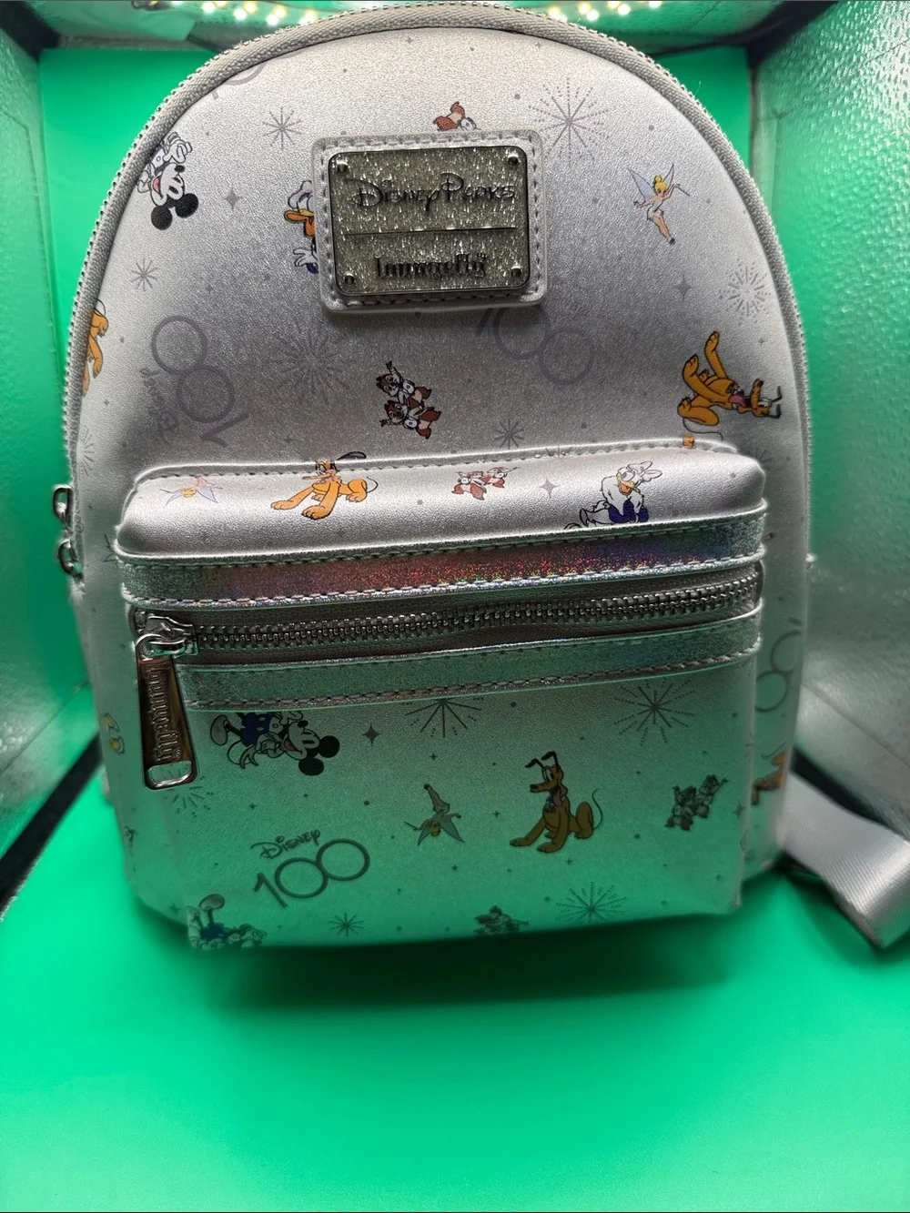 Disney Silver 100th Anniversary Mini Backpack with Multicolor Character Print